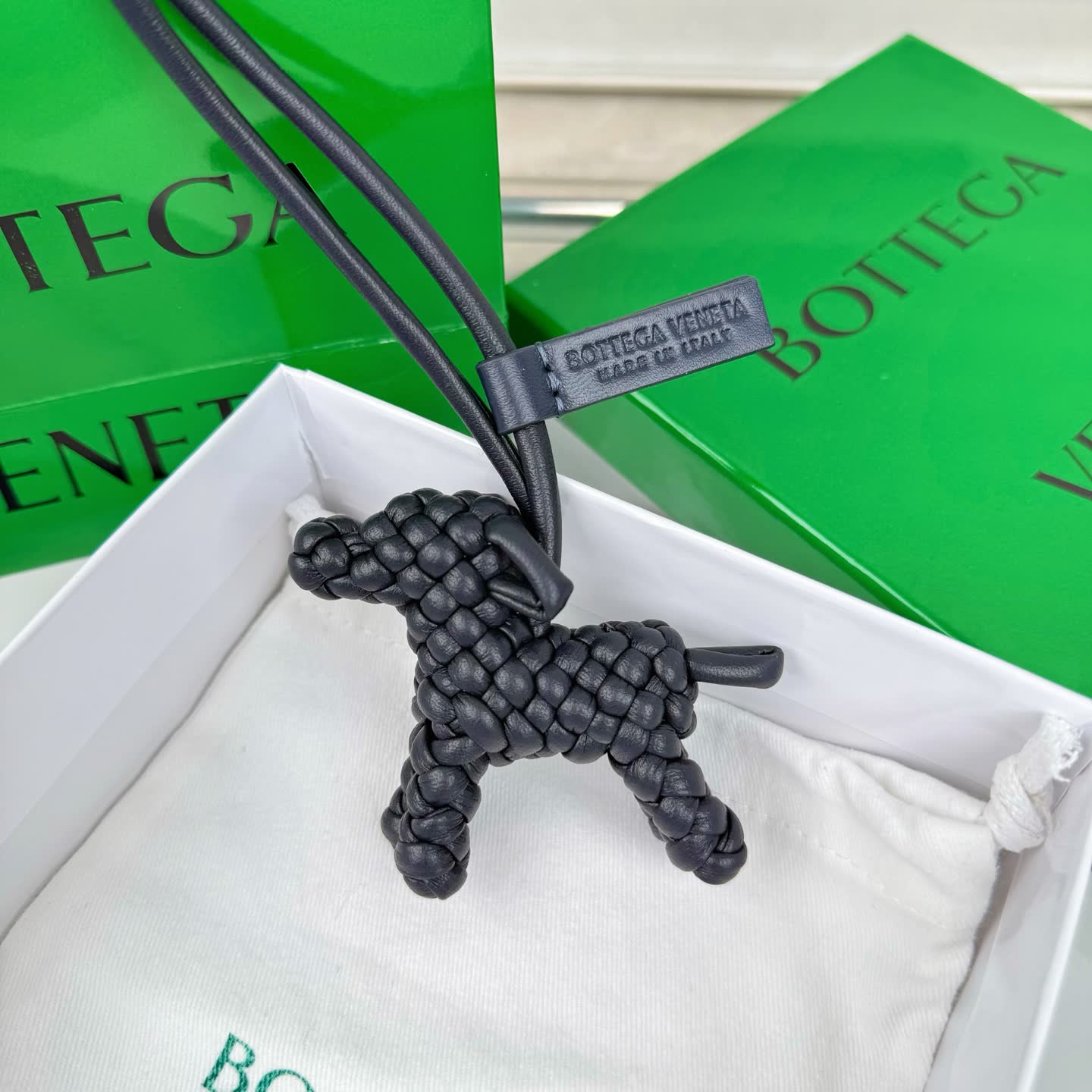 Bottega Veneta Black Intrecciato Leather Dog Charm